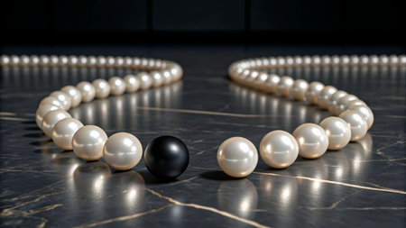 Pearls are artistically arranged in a curving line on a polished dark marble surface, highlighting a striking black pearl among the white ones, showing elegance and contrast.の素材