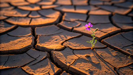 In a desolate landscape, a single purple flower grows amidst the cracked, dry earth, catching the soft light of sunrise. This scene captures resilience and beauty in harsh conditions.の素材