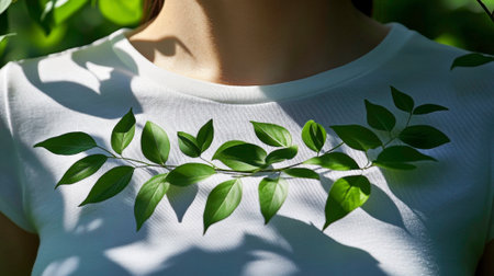 This photo captures a close-up shot of a woman wearing a white t-shirt, adorned with a pattern of fresh green leaves. The leaves are arranged in a symmetrical design on the front of the t-shirt, creating a natural and organic aesthetic. The image evokes themes of nature-inspired fashion, eco-consciousness, and minimalist style.の素材