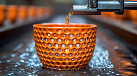This photo captures a close-up shot of a liquid stream pouring from a metal nozzle into a bright orange ceramic cup with a perforated pattern. The cup is positioned on a wet, metallic surface, suggesting an industrial filling or production process. The image focuses on the action and the textures of the materials involved.の素材