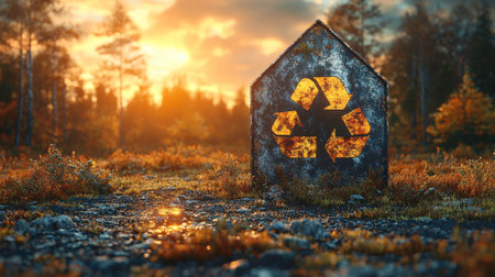 This photo depicts a weathered stone slab with a cut-out recycling symbol, standing in a forest clearing at sunset. The golden light of the setting sun illuminates the symbol, creating a striking contrast against the dark stone and the surrounding trees. The image evokes themes of environmental awareness and sustainability.の素材