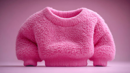 This photo features a vibrant pink sweater with a fluffy, textured knit, set against a matching pink background. The sweater's soft appearance and the monochromatic color scheme create a cozy and inviting aesthetic. The image highlights the texture and warmth of the knitwear.の素材