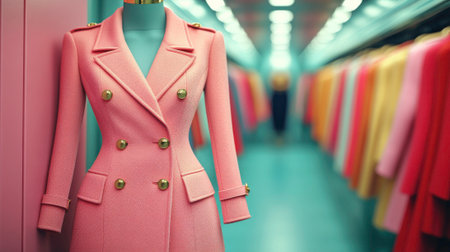 This photo features a pink tailored coat displayed on a mannequin, showing its elegant design and gold button details. The coat is the central focus, with a blurred background of a fashion boutique featuring a colorful row of apparel. The image evokes a sense of high-end fashion and retail display.の素材