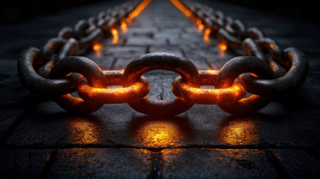 This photo captures a close-up shot of heavy metal chains lying on a dark, rough stone surface. The chains exhibit a worn, industrial appearance, with glowing reflections emanating from the points of contact with the surface. The image conveys a sense of strength and durability.の素材