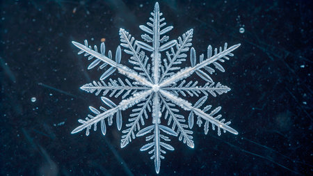 An exquisite snowflake is displayed in close-up, showing its unique structure and symmetry. The delicate ice crystals glisten against a dark backdrop, highlighting their beauty.の素材