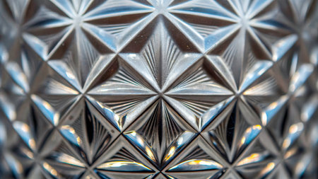 Close-up of a beautifully designed glass surface displaying geometric patterns. The sunlight highlights the intricate facets, creating a stunning visual effect in the room.の素材