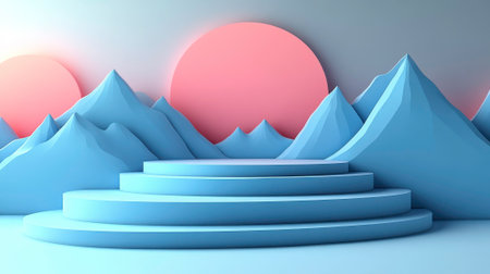 A stylized three-tiered circular podium in soft pastel blue stands in the foreground against an abstract landscape of geometric blue mountains and large pastel pink oval shapes. The minimalist and dreamlike scene creates a sense of serenity and imaginative space. This image is suitable for product displays or conceptual illustrations.の素材