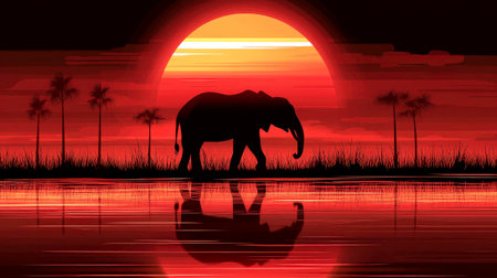 A digital artwork features a silhouette of an elephant walking against a vibrant red sunset, with its reflection visible in the water below. The scene includes silhouetted palm trees and tall grass, creating an evocative African landscape. The strong contrast and vivid colors create a dramatic and captivating image.の素材