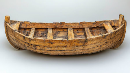 A studio photograph showcases an aged wooden boat with a weathered texture, isolated on a clean white background. The boat's rustic appearance and visible wear add character to the image. The simple composition and neutral background highlight the boat's form and details.の素材