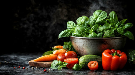 A metal bowl overflows with vibrant green basil leaves, surrounded by an assortment of fresh vegetables including carrots, tomatoes, a round zucchini, and a bright red bell pepper. These ingredients are arranged on a wooden cutting board and a dark, textured surface, with a smoky or misty backdrop enhancing the rustic and natural feel. This image suggests healthy cooking and the abundance of garden-fresh produce.の素材