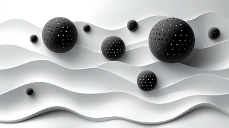 An abstract and visually intriguing composition features several matte black spheres, each with a pattern of small white perforations, seemingly interacting with undulating white wave-like surfaces. The monochromatic color palette enhances the contrast and creates a sense of depth and texture. This image could represent concepts of technology, sound waves, or abstract design.の素材