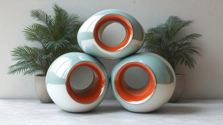 A 3D rendered image features three abstract, egg-shaped sculptures with a unique design, each incorporating a vibrant orange ring at its center. The sculptures are positioned on a textured surface and are surrounded by potted plants, creating a modern and artistic indoor setting. The image combines elements of sculpture, design, and interior decoration.の素材