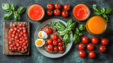 An overhead shot presents a colorful breakfast spread featuring a plate with avocado toast topped with sliced cherry tomatoes and two soft-boiled eggs. Surrounding the plate are a wooden board with tomato-covered toast, glasses of tomato and orange juice, fresh basil sprigs, and clusters of ripe cherry tomatoes, all arranged on a dark, textured surface. This image evokes a sense of fresh, healthy, and Mediterranean-inspired cuisine.の素材