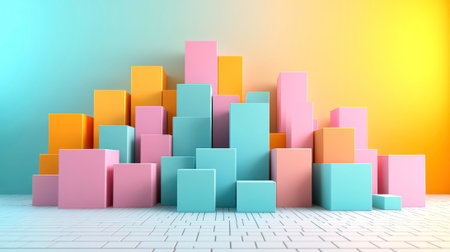A visually appealing abstract composition features numerous rectangular blocks in pastel shades of pink, yellow, and blue, arranged in varying heights on a surface with a subtle grid pattern. The background showcases a smooth gradient transitioning from turquoise to yellow. This image evokes a sense of playful construction or abstract cityscape.の素材