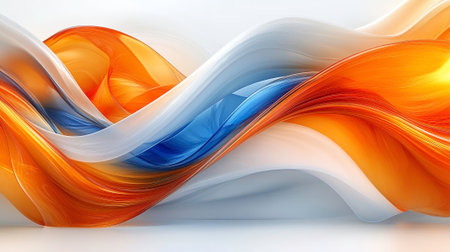 An abstract digital image features flowing, ribbon-like shapes in vibrant orange, blue, and white hues, creating a dynamic and modern composition. The shapes appear to move and intertwine against a light background, and the overall texture is smooth and fluid. The image evokes a sense of movement and energy.の素材