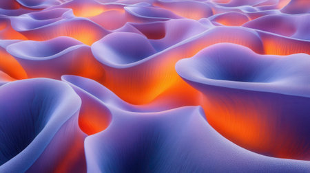 An abstract 3D rendering showcases numerous soft, rounded shapes with a purple hue, creating a flowing, organic texture. The shapes are illuminated from within with a warm, glowing orange light, adding a surreal and captivating dimension. The composition evokes a sense of depth and movement.の素材