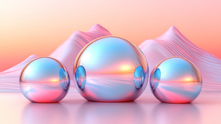 A 3D rendered image features three egg-shaped spheres with an iridescent, reflective surface, arranged in a row against a soft, abstract background. The spheres exhibit a metallic sheen and a gradient of pastel hues, creating a surreal and futuristic composition. The background features undulating, mountain-like shapes in soft pink and orange tones.の素材