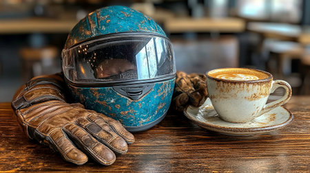 A teal-colored vintage motorcycle helmet with a clear visor rests on a rustic wooden table alongside worn brown leather riding gloves and a steaming cappuccino in a speckled cup on a matching saucer. The blurred background suggests a cozy cafe or workshop setting. This image evokes a sense of adventure, craftsmanship, and a moment of respite.の素材