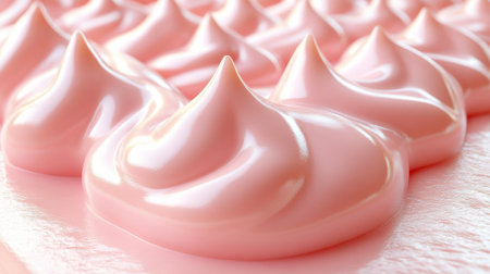 A close-up photograph displays numerous pink meringue kisses, neatly arranged in rows on a textured, light-colored surface. The meringue kisses feature a soft, glossy appearance with a distinct pointed shape, creating a visually appealing pattern. The image evokes a sense of sweetness and delicate confectionery.の素材