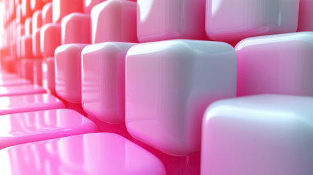 A visually smooth and modern abstract composition features a grid-like arrangement of numerous glossy cubes with rounded edges, all rendered in soft shades of pink and white. The lighting from the left creates subtle highlights and shadows, enhancing the three-dimensional effect. This image evokes a sense of softness, technology, or abstract design.の素材