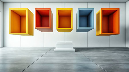 Five vertically oriented rectangular niches, painted in yellow, red, orange, blue, and orange, are suspended above a set of simple white steps. The room features a white wall and a gray tiled floor with subtle grid lines, creating a clean and minimalist aesthetic. This abstract architectural composition suggests concepts of display, choice, or progression.の素材