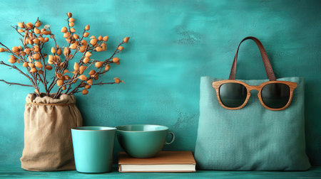 A teal-colored tote bag with wooden-framed sunglasses attached sits next to a stack of books and two teal mugs. A burlap-wrapped vase holding dried orange berries stands to the left against a textured teal backdrop. This cozy and stylish arrangement suggests a relaxed and creative lifestyle.の素材