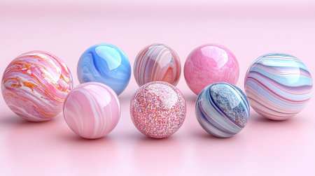 A photograph showcases a collection of decorative Easter eggs, each with a unique marbled or textured design, arranged in a row against a light pink background. The eggs display a variety of pastel hues and patterns, creating a visually appealing and festive composition. The image evokes a sense of celebration and artistic craftsmanship.の素材