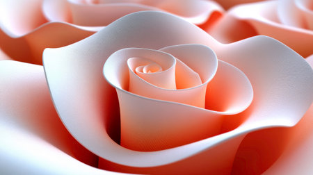 A detailed close-up shot showcases a stylized rose, rendered in a soft, pastel pink hue with a gentle gradient. The rose features elegantly curved petals that form a captivating, spiral center, creating a sense of depth and delicate beauty. The image highlights the intricate details and smooth texture of the rose.の素材