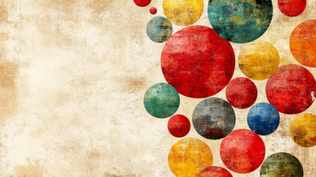A visually rich background features a textured, aged surface in warm beige tones, occupying the left side and partially extending across. On the right, a cluster of overlapping abstract circles in various vibrant colors including red, yellow, blue, green, and orange creates a dynamic contrast. The circles exhibit a distressed, painterly texture, enhancing the vintage aesthetic.の素材