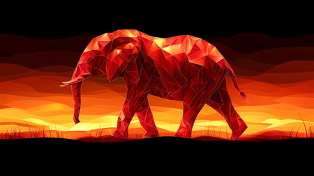 A digital artwork features a stylized elephant constructed from geometric shapes, rendered in a striking red hue. The elephant walks across a dark foreground against a fiery sunset backdrop, creating a dramatic contrast. The geometric design and vibrant colors evoke a sense of modern art and abstract interpretation.の素材