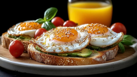 A close-up on a plate reveals two slices of toasted bread topped with creamy avocado, perfectly fried eggs sprinkled with sesame seeds and pepper, fresh basil leaves, and juicy cherry tomatoes. A glass of vibrant orange juice stands in the blurred background against a dark setting. This image highlights a healthy and flavorful breakfast or brunch option.の素材