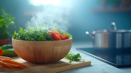A wooden salad bowl filled with steaming green herbs and vibrant orange bell peppers sits on a light wooden cutting board. In the blurred background, a stainless steel pot rests on a sleek black stovetop in a modern kitchen setting. The rising steam suggests freshly cooked or prepared healthy food.の素材