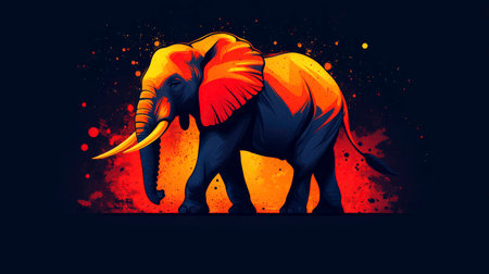 A digital artwork features a stylized elephant with striking orange and blue color gradients, standing against a dark, textured background. The elephant's bold colors and graphic style create a visually impactful and modern depiction of the animal. The image blends elements of wildlife illustration and contemporary design.の素材