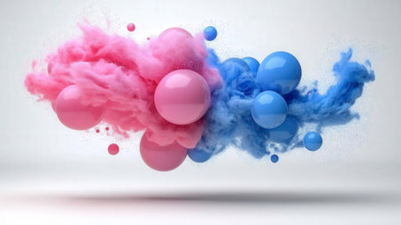 A dynamic image captures a burst of vibrant pink and blue powder forming cloud-like shapes, interspersed with glossy spheres in matching hues. The contrasting colors blend at the center, creating a visually striking representation against a soft, gradient background. This abstract composition is ideal for conveying themes of gender reveal, duality, or explosive energy.の素材