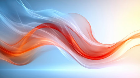 An abstract digital image features flowing, ribbon-like lines in shades of red and blue, creating a dynamic and elegant composition. The lines appear to move across a light, gradient background, and the overall texture is smooth and fluid. The image evokes a sense of movement and energy.の素材