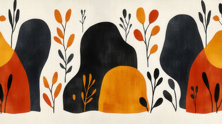A stylized illustration features abstract organic shapes in black, burnt orange, and muted yellow, resembling simplified plant forms against a textured off-white background. Delicate black stems with small leaf-like elements add to the botanical feel. The earthy color palette and fluid shapes create a modern yet natural aesthetic.の素材