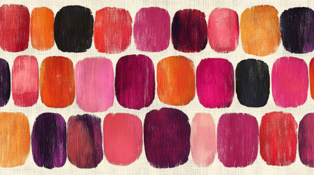 A visually striking pattern features rows of vertical, slightly rounded brushstrokes in a rich and varied color palette including red, orange, black, pink, purple, and yellow, applied with a noticeable textured effect. The brushstrokes are arranged closely together on a light, slightly off-white background, creating a bold and artistic design. This image suggests creativity, texture, and vibrant color.の素材