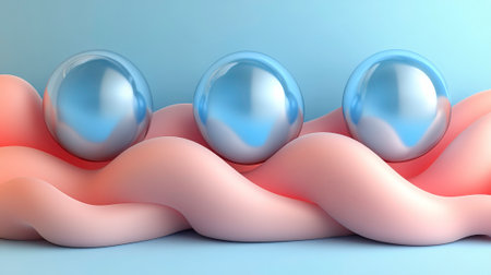 A 3D rendered image features three glossy, blue metallic spheres positioned in a row, resting on a soft, undulating surface with a light pink hue. The spheres reflect light, creating a sense of depth and shine, while the soft surface adds a contrasting texture and form. The composition evokes a sense of surrealism and modern design.の素材