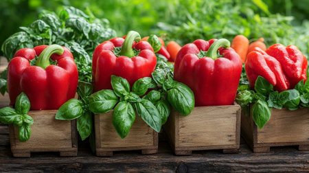 Four small wooden crates sit on a rustic wooden surface, each containing vibrant red bell peppers and fresh green basil leaves. Lush green foliage and hints of orange carrots create a blurred garden-like backdrop. This image evokes a sense of fresh, organic produce and the bounty of a summer harvest.の素材