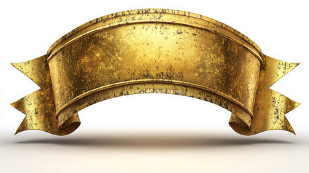 The image features a horizontal banner rendered in a tarnished gold color with a noticeable grunge texture and dark streaks, suggesting age or wear. The banner has a central area for text and its ends are dramatically curled, adding a sense of vintage or historical significance. It casts a soft shadow on the white surface below, highlighting its three-dimensional form.の素材