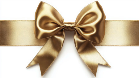 The photograph features a meticulously tied bow made of smooth, shiny gold satin fabric. The bow has graceful loops and neatly cut, angled tails, positioned centrally on a horizontal band of the same luxurious satin. The fabric reflects light, creating highlights and shadows that emphasize its texture and form against a white background.の素材
