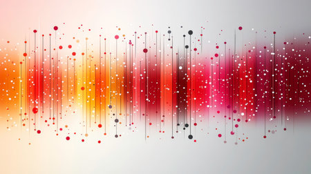 The image is an abstract composition featuring numerous thin vertical lines originating from a central horizontal band that transitions from warm oranges and yellows on the left to vibrant reds and pinks on the right. Small dots in red, black, and white are scattered across the artwork, some connected to the vertical lines, creating a sense of movement and connection. The background is a soft gradient from light gray to white, emphasizing the colorful central element.の素材