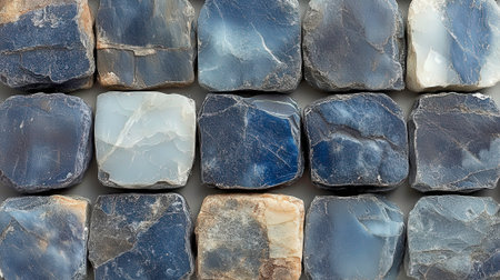 The close-up shot showcases fifteen individual pieces of blue apatite, each carefully polished to reveal its unique patterns and shades of blue, ranging from deep navy to lighter, almost translucent hues. Arranged in a grid-like fashion on a smooth, gray backdrop, the stones exhibit variations in texture and natural inclusions, highlighting their distinct geological origins and aesthetic appeal. This composition emphasizes the beauty and diversity of these captivating gemstones.の素材