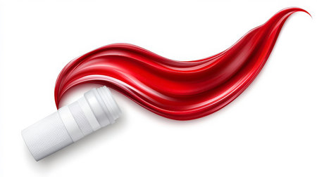 The image displays a white tube with a screw-top cap, lying diagonally and emitting a dynamic, ribbon-like stream of glossy red liquid. The fluid curves and flows gracefully across the white background, creating a sense of movement and vibrancy. The contrast between the stark white tube and the rich red liquid is visually striking.の素材