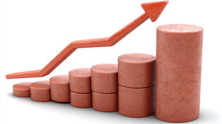 The image displays a bar graph constructed from cylindrical columns with a rough, textured red surface, increasing in height from left to right. A bold red arrow with a pointed tip overlays the columns, indicating a clear upward trend. The graph and arrow cast subtle shadows on the clean white background, emphasizing the concept of growth and progress.の素材
