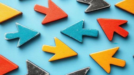 The photograph shows a collection of small, textured wooden arrows scattered across a bright blue surface. The arrows are painted in various colors, including yellow, red, teal, and gray. They are oriented in different directions, some pointing left, some right, and some diagonally. The arrangement suggests choices, options, or a lack of a single, unified direction.の素材