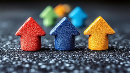 The photograph shows a line of small, three-dimensional arrow tokens, each pointing upwards. The arrows in the foreground are textured and colored red, dark blue, and yellow. Behind them, slightly out of focus, are additional arrows in green and a lighter blue. The tokens are arranged on a dark surface speckled with tiny white dots. The low depth of field focuses attention on the front row of arrows, suggesting individual progress within a group.の素材