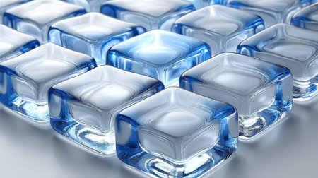 The photograph features a tight arrangement of clear ice cubes, each exhibiting a faint blue hue and internal refractions that suggest purity and coldness. Resting on a smooth, light gray surface, the cubes cast subtle shadows, enhancing their three-dimensional form and highlighting the texture of the ice. The close perspective emphasizes the crispness and refreshing quality of the frozen water.の素材