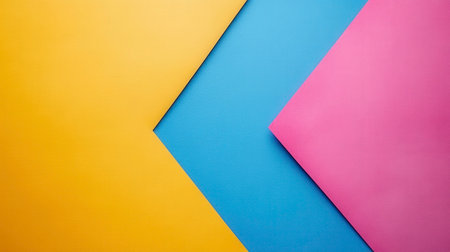 The photograph presents a close-up view of three sheets of paper overlapping to create a geometric design. A large yellow sheet occupies the left side. A blue sheet partially covers the yellow, forming a diagonal edge. A pink sheet overlaps the blue on the right, creating another diagonal line. The colors are vibrant and solid, and the paper appears to have a smooth texture.の素材