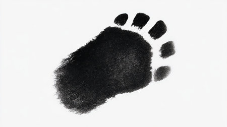 The image shows a clear, black print of a bear's hind paw. The print displays the characteristic broad palm area and the distinct impressions of five toes, each ending in a claw mark. The texture of the print suggests it was made with a substance like ink or paint on a smooth white background.の素材